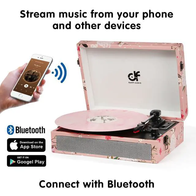 Alt view image 2 of 7 - Vinyl Record Player Bluetooth with Built-in Speakers, Vintage Portable Suitcase Turntable 3-Speed with USB Recording Headphone/RCA/AUX Jack for Muisc Record Player Pink Floral