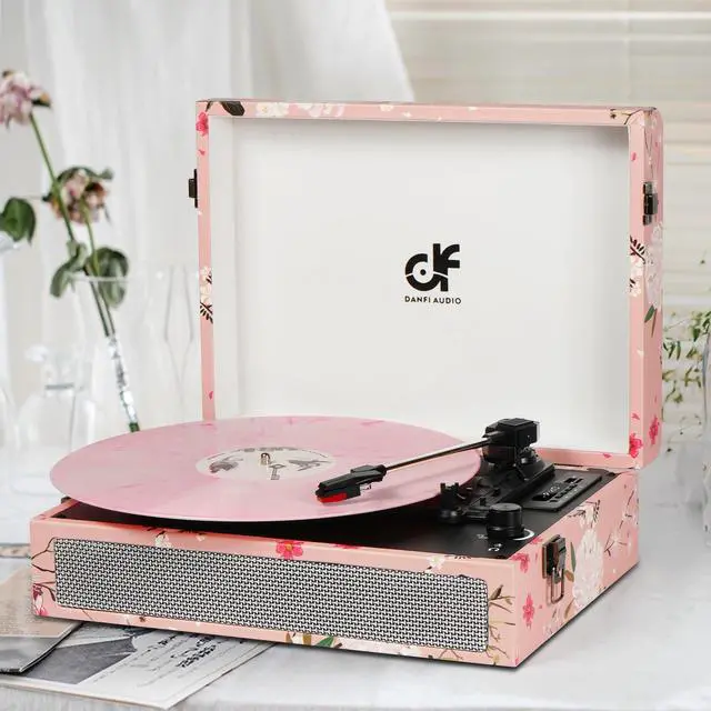 Alt view image 3 of 7 - Vinyl Record Player Bluetooth with Built-in Speakers, Vintage Portable Suitcase Turntable 3-Speed with USB Recording Headphone/RCA/AUX Jack for Muisc Record Player Pink Floral