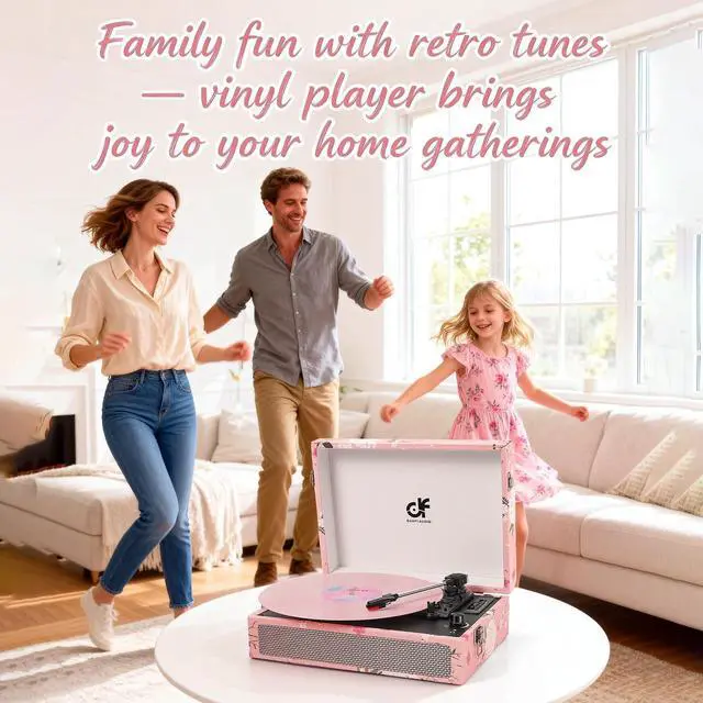 Alt view image 4 of 7 - Vinyl Record Player Bluetooth with Built-in Speakers, Vintage Portable Suitcase Turntable 3-Speed with USB Recording Headphone/RCA/AUX Jack for Muisc Record Player Pink Floral
