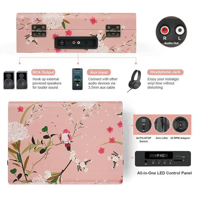 Alt view image 5 of 7 - Vinyl Record Player Bluetooth with Built-in Speakers, Vintage Portable Suitcase Turntable 3-Speed with USB Recording Headphone/RCA/AUX Jack for Muisc Record Player Pink Floral