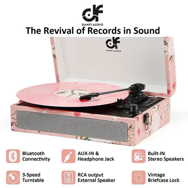 Alt view image 6 of 7 - Vinyl Record Player Bluetooth with Built-in Speakers, Vintage Portable Suitcase Turntable 3-Speed with USB Recording Headphone/RCA/AUX Jack for Muisc Record Player Pink Floral