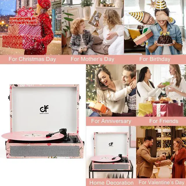 Alt view image 7 of 7 - Vinyl Record Player Bluetooth with Built-in Speakers, Vintage Portable Suitcase Turntable 3-Speed with USB Recording Headphone/RCA/AUX Jack for Muisc Record Player Pink Floral