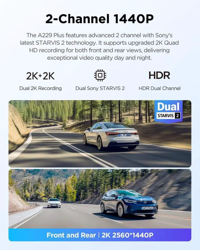Alt view image 3 of 6 - Bundle: A229 Plus 2CH + CPL A229 Plus Dash Cam with Dual STARVIS 2 Sensors, 2 Channel HDR, 1440P+1440P Front and Rear