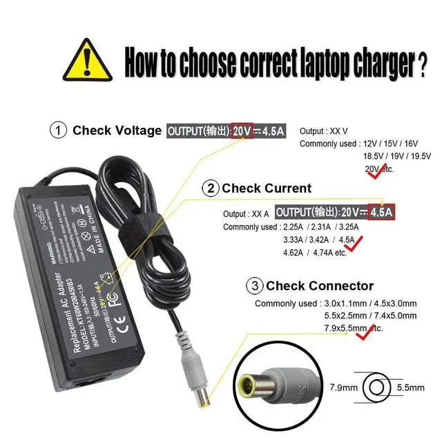 Alt view image 2 of 7 - 90W 20V 4.5A AC Adapter Charger Compatible with Lenovo Thinkpad T60 T61 T400 T410 T420 T430 T500 T510 T520 T530 X60 Z60 X200 X201 X220 X230 X61 L420 L430 Edge 14 15 E420 E430 E530 Power Supply