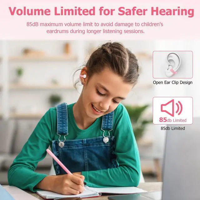 Alt view image 2 of 7 - Kids Wireless Earbuds, Open Ear Clip On Headphones for Teen, Pink | 85dB Volume Limit, 20 Hours Charging Case, Bluetooth 5.4, Built-in Mic, For Teens Child Girls Boys Home School Travel Sports