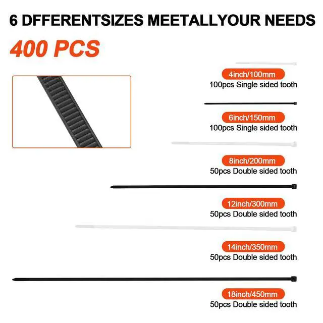 Alt view image 2 of 7 - Zip Ties Assorted Size,4+6+8+12+14+18 Inch Double Sided Toothed,100 LBS Tensile Strength Heavy Duty Cable Wire Ties With Self-Locking Adjustable Durable Nylon Tie Wraps for Indoor Outdoor400 Pack