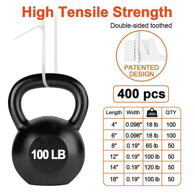 Alt view image 3 of 7 - Zip Ties Assorted Size,4+6+8+12+14+18 Inch Double Sided Toothed,100 LBS Tensile Strength Heavy Duty Cable Wire Ties With Self-Locking Adjustable Durable Nylon Tie Wraps for Indoor Outdoor400 Pack