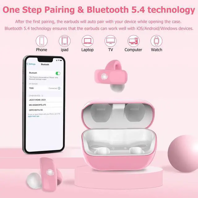 Alt view image 7 of 7 - Kids Wireless Earbuds, Open Ear Clip On Headphones for Teen, Pink | 85dB Volume Limit, 20 Hours Charging Case, Bluetooth 5.4, Built-in Mic, For Teens Child Girls Boys Home School Travel Sports
