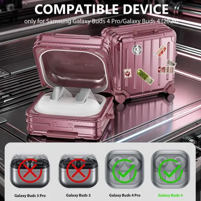 Alt view image 2 of 7 - Compatible with Samsung Galaxy Buds 4 Case/Buds 4 Pro Case Cover, Cute Funny Suitcase Design Case for Galaxy Buds 4 Pro, Fashion Protective Hard Case for Women Men with Keychain (Rose Gold)