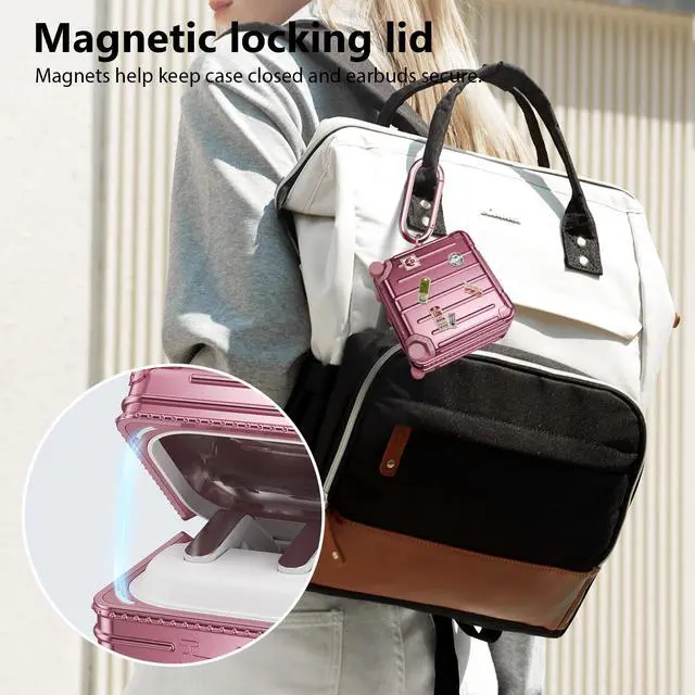 Alt view image 7 of 7 - Compatible with Samsung Galaxy Buds 4 Case/Buds 4 Pro Case Cover, Cute Funny Suitcase Design Case for Galaxy Buds 4 Pro, Fashion Protective Hard Case for Women Men with Keychain (Rose Gold)