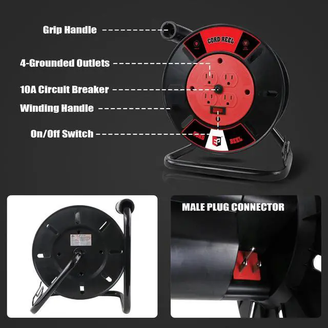 Alt view image 3 of 7 - Extension Cord Storage Reel with 4-Grounded Outlets, Heavy Duty Open Cord Reel for 12/3 14/3 16/3 Power Cords, Portable Empty Hand Crank Electric Cord Roller Holder, Red