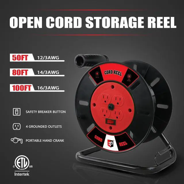 Alt view image 2 of 7 - Extension Cord Storage Reel with 4-Grounded Outlets, Heavy Duty Open Cord Reel for 12/3 14/3 16/3 Power Cords, Portable Empty Hand Crank Electric Cord Roller Holder, Red