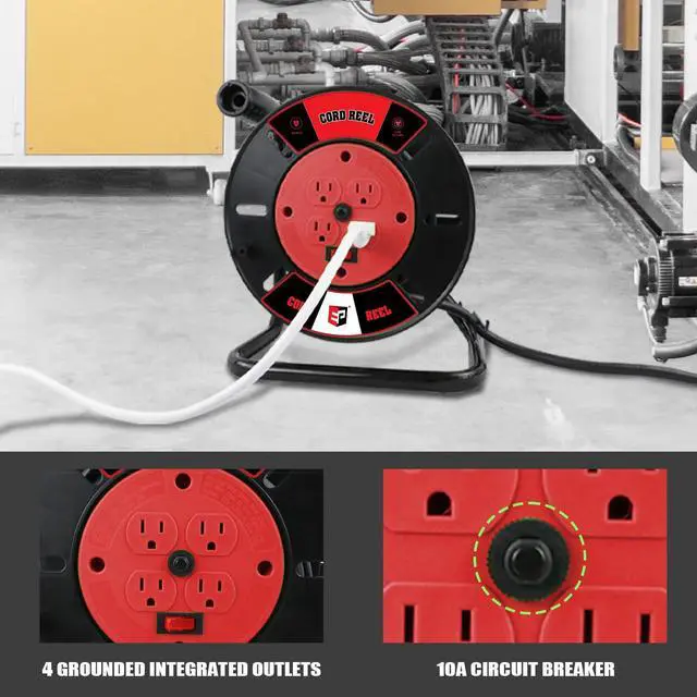 Alt view image 5 of 7 - Extension Cord Storage Reel with 4-Grounded Outlets, Heavy Duty Open Cord Reel for 12/3 14/3 16/3 Power Cords, Portable Empty Hand Crank Electric Cord Roller Holder, Red