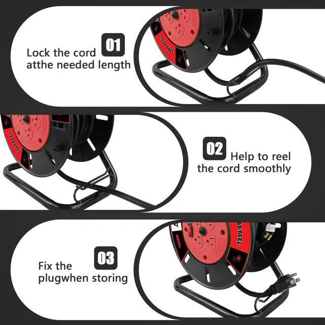 Alt view image 4 of 7 - Extension Cord Storage Reel with 4-Grounded Outlets, Heavy Duty Open Cord Reel for 12/3 14/3 16/3 Power Cords, Portable Empty Hand Crank Electric Cord Roller Holder, Red
