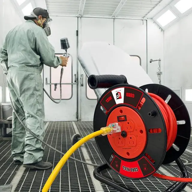 Alt view image 6 of 7 - Extension Cord Storage Reel with 4-Grounded Outlets, Heavy Duty Open Cord Reel for 12/3 14/3 16/3 Power Cords, Portable Empty Hand Crank Electric Cord Roller Holder, Red