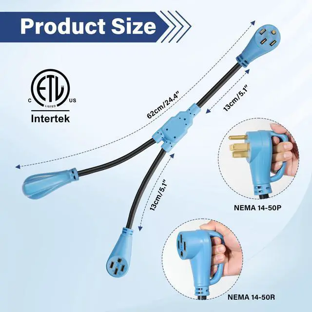 Alt view image 3 of 6 - 50 Amp Y Splitter Adapter Cord 3 Ft for RV EV Charging, 4 Prong 250V NEMA 14-50P to (2) 14-50R for Power Extension Plug & Auto/EV/Tesla Model 3/S/X/Y, Heavy-Duty 6/3+8/1 Gauge STW Outdoor, ETL-Blue