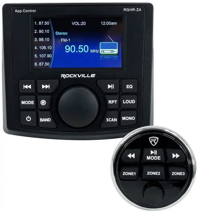 Main image of RGHR-ZA 4 Zone Marine Gauge Hole Receiver, Bluetooth App Control | IP66 Waterproof, 3" TFT Display, Wired Remote, Zone Volume Controls, 72W x 4 Peak / 28W x 4 RMS, USB, Built-in EQ, AM/FM
