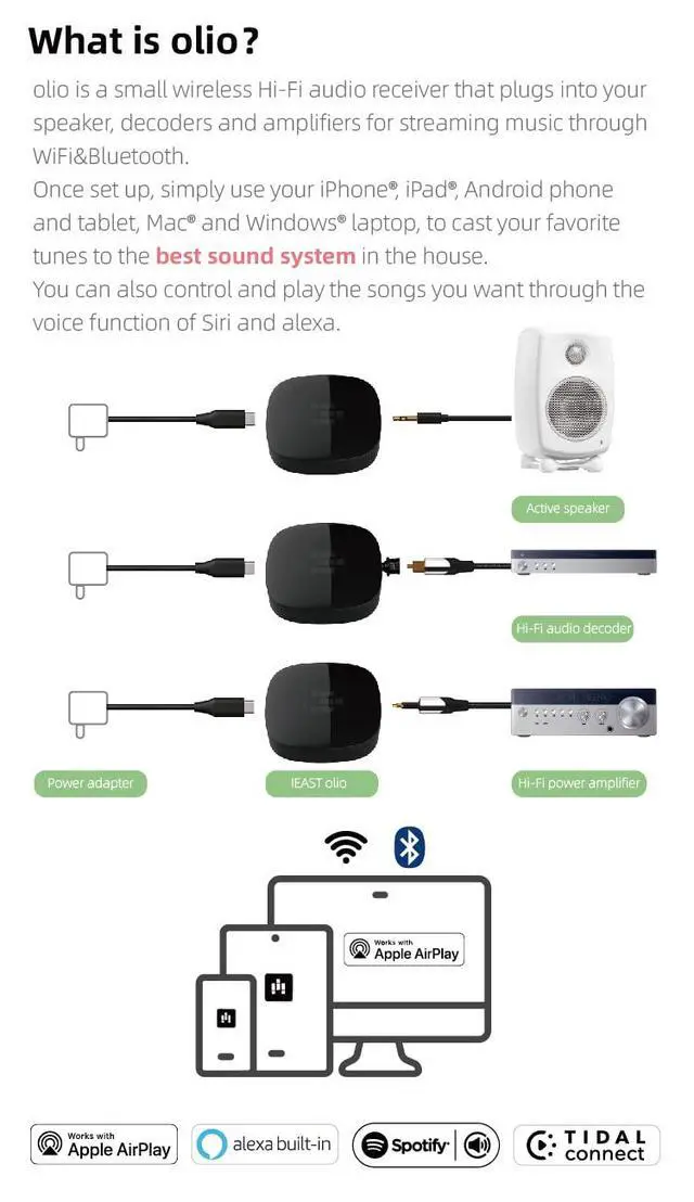 Alt view image 2 of 7 - Olio AirPlay 2 Wireless Audio Receiver Adapter WiFi & Bluetooth Music Streamer with Hi-Res 24bit/192kHz Output, Multiroom Audio, Spotify & Tidal Connect, Works with Siri&Alexa