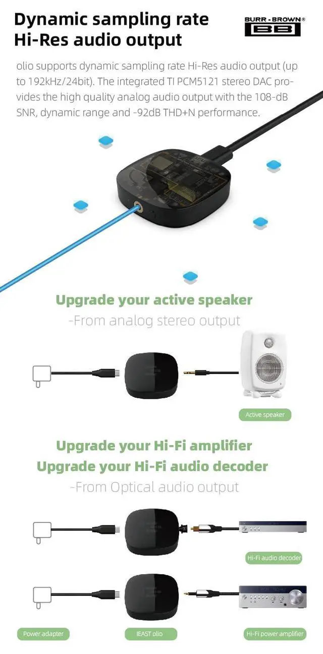 Alt view image 6 of 7 - Olio AirPlay 2 Wireless Audio Receiver Adapter WiFi & Bluetooth Music Streamer with Hi-Res 24bit/192kHz Output, Multiroom Audio, Spotify & Tidal Connect, Works with Siri&Alexa