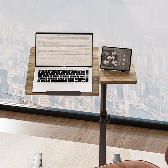Alt view image 2 of 4 - Overbed Table with Wheels Adjustable Height Beside Desk Rolling Hospital Over Bed Table Laptop Stand for Couch Tray Table Bed Sofa Side Table Computer Workstations-Coffee