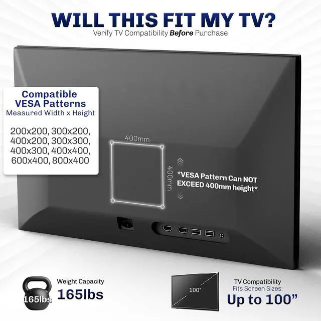 Alt view image 3 of 7 - Black TV Wall Mount for 43 to 100 inch Screens, MOUNT-VW100F | Heavy Duty Steel, TV Wall Bracket fits LCD LED Curved and Flat Panel Screens, Max VESA 800x400mm, Holds 165 lbs