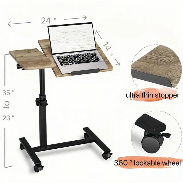 Alt view image 3 of 4 - Overbed Table with Wheels Adjustable Height Beside Desk Rolling Hospital Over Bed Table Laptop Stand for Couch Tray Table Bed Sofa Side Table Computer Workstations-Coffee