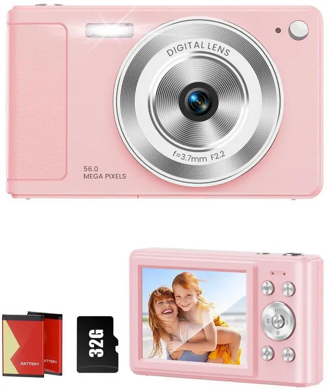 Main image of Digital Camera, 56MP, FHD 1080P Point & Shoot Camera, 32GB SD Card | 2 Batteries, Type-C Cable, Camera Bag Included, Burst Mode, Girls & Kids Aged 3+ Ideal for Teens, 1-Year Support