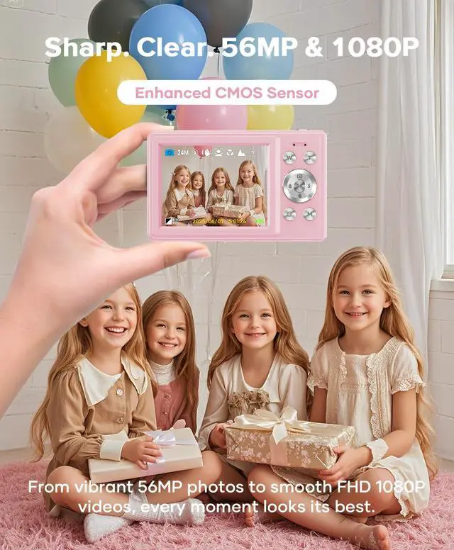Alt view image 2 of 7 - Digital Camera, 56MP, FHD 1080P Point & Shoot Camera, 32GB SD Card | 2 Batteries, Type-C Cable, Camera Bag Included, Burst Mode, Girls & Kids Aged 3+ Ideal for Teens, 1-Year Support