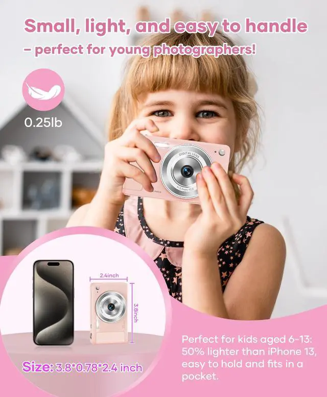 Alt view image 4 of 7 - Digital Camera, 56MP, FHD 1080P Point & Shoot Camera, 32GB SD Card | 2 Batteries, Type-C Cable, Camera Bag Included, Burst Mode, Girls & Kids Aged 3+ Ideal for Teens, 1-Year Support