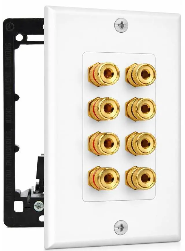 Main image of 4 Speaker Wall Plate, Home Theater Wall Plate, Gold Plated Binding Posts, for Home Theater Setup