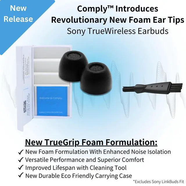 Alt view image 2 of 7 - TrueGrip Premium Memory Foam Replacement Ear Tips, Black, Medium | 3 Pairs, for Sony True Wireless Earbuds, Enhanced Comfort, Secure Fit, Superior Noise Isolation, Cleaning Tool