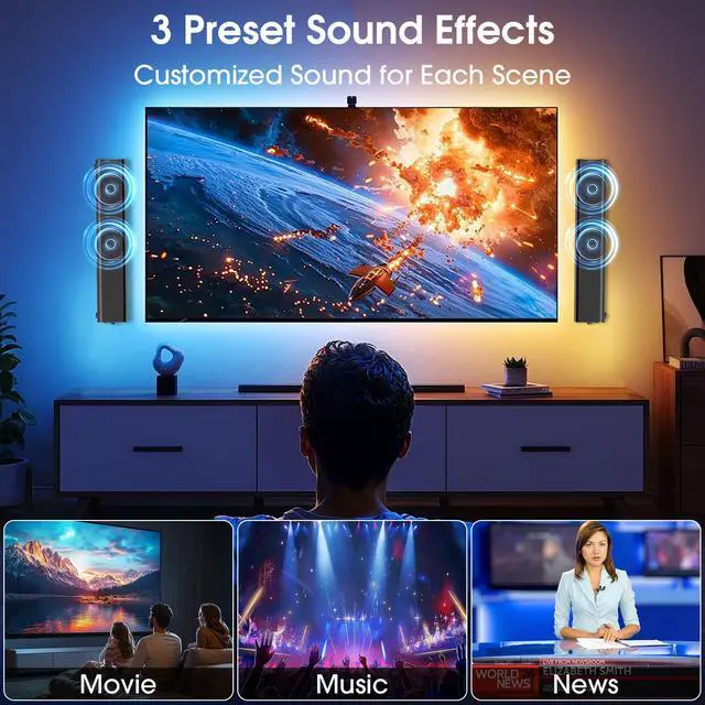 Alt view image 5 of 7 - 2.1 Channel Sound Bar with Wired Subwoofer, Dorby Audio 35in Detachable TV Soundbar, Bluetooth, HDMI-ARC, Optical, AUX, USB, FM, Coaxial Inputs for Home Theater