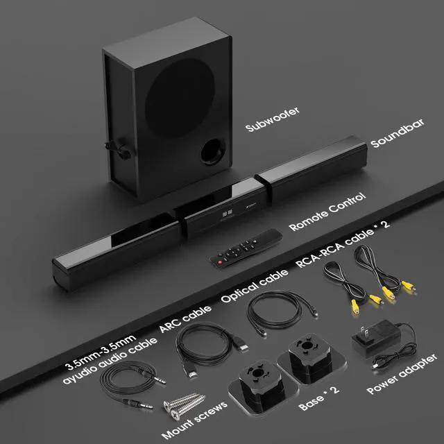 Alt view image 7 of 7 - 2.1 Channel Sound Bar with Wired Subwoofer, Dorby Audio 35in Detachable TV Soundbar, Bluetooth, HDMI-ARC, Optical, AUX, USB, FM, Coaxial Inputs for Home Theater