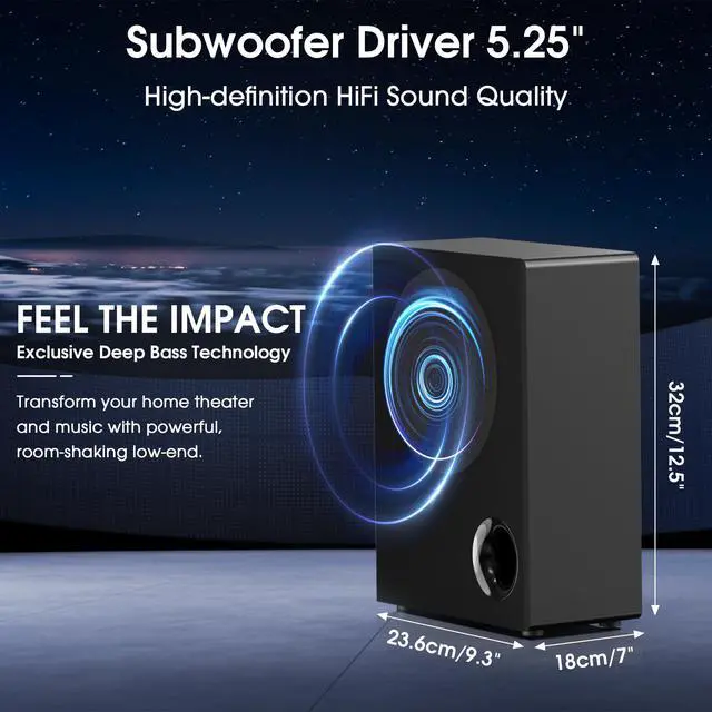 Alt view image 3 of 7 - 2.1 Channel Sound Bar with Wired Subwoofer, Dorby Audio 35in Detachable TV Soundbar, Bluetooth, HDMI-ARC, Optical, AUX, USB, FM, Coaxial Inputs for Home Theater