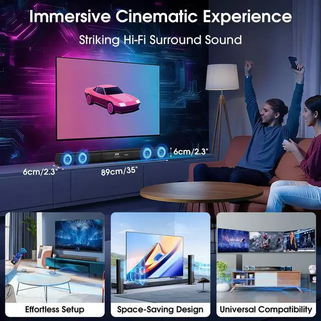 Alt view image 2 of 7 - 2.1 Channel Sound Bar with Wired Subwoofer, Dorby Audio 35in Detachable TV Soundbar, Bluetooth, HDMI-ARC, Optical, AUX, USB, FM, Coaxial Inputs for Home Theater