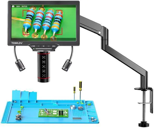 Main image of Autofocus Coin Digital Microscope, TM3K-AF Flex Arm Soldering Scope | 3K Full Coin View Magnifier, 7" IPS Screen, HDMI/USB Output, Gooseneck Light, Repair Mat, DIY Grid Line, Split Screen, 16G