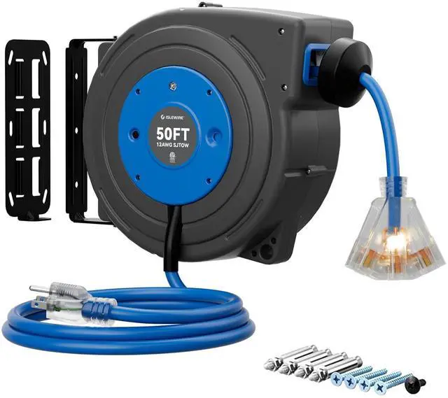 Main image of 50 FT Retractable Extension Cord Reel, Heavy Duty 12AWG/3C SJTOW Power Cord, Lighted Triple Tap, 15A Circuit Breaker, Wall/Ceiling Mount Electric Cord Reel for Garage & Workshop, ETL Listed, Blue