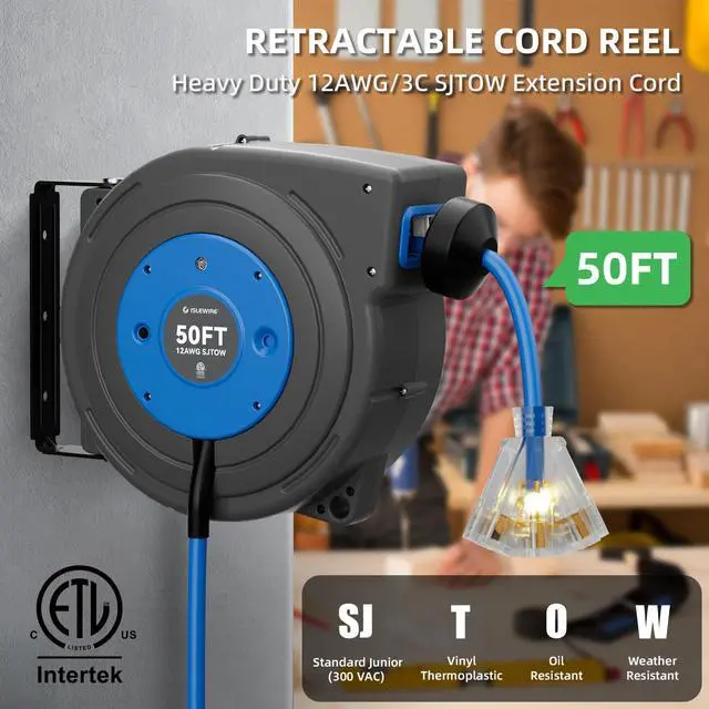 Alt view image 2 of 7 - 50 FT Retractable Extension Cord Reel, Heavy Duty 12AWG/3C SJTOW Power Cord, Lighted Triple Tap, 15A Circuit Breaker, Wall/Ceiling Mount Electric Cord Reel for Garage & Workshop, ETL Listed, Blue