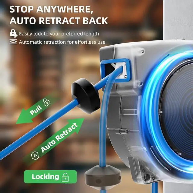 Alt view image 3 of 7 - 50 FT Retractable Extension Cord Reel, Heavy Duty 12AWG/3C SJTOW Power Cord, Lighted Triple Tap, 15A Circuit Breaker, Wall/Ceiling Mount Electric Cord Reel for Garage & Workshop, ETL Listed, Blue