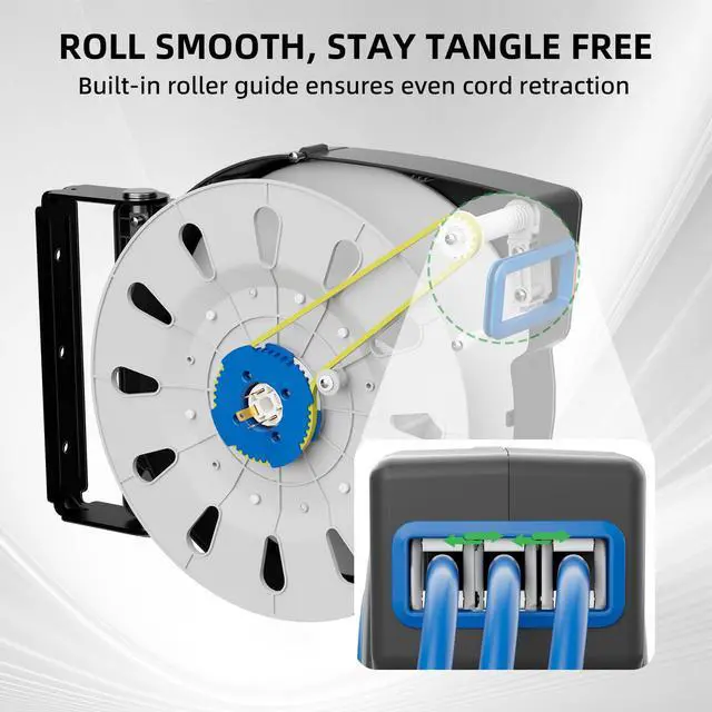 Alt view image 4 of 7 - 50 FT Retractable Extension Cord Reel, Heavy Duty 12AWG/3C SJTOW Power Cord, Lighted Triple Tap, 15A Circuit Breaker, Wall/Ceiling Mount Electric Cord Reel for Garage & Workshop, ETL Listed, Blue