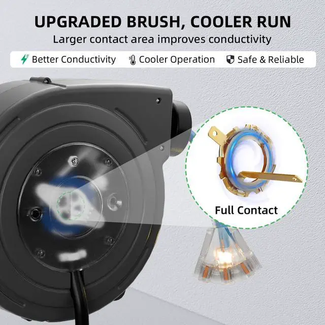 Alt view image 5 of 7 - 50 FT Retractable Extension Cord Reel, Heavy Duty 12AWG/3C SJTOW Power Cord, Lighted Triple Tap, 15A Circuit Breaker, Wall/Ceiling Mount Electric Cord Reel for Garage & Workshop, ETL Listed, Blue