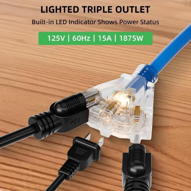 Alt view image 7 of 7 - 50 FT Retractable Extension Cord Reel, Heavy Duty 12AWG/3C SJTOW Power Cord, Lighted Triple Tap, 15A Circuit Breaker, Wall/Ceiling Mount Electric Cord Reel for Garage & Workshop, ETL Listed, Blue