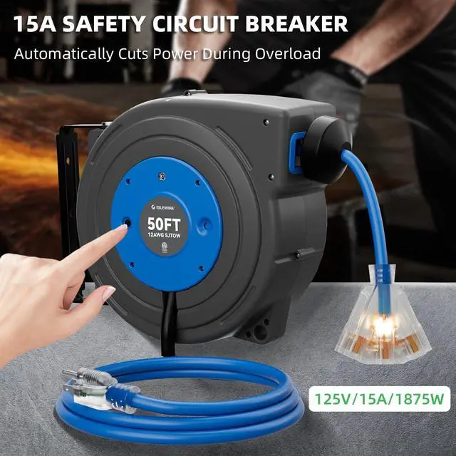 Alt view image 6 of 7 - 50 FT Retractable Extension Cord Reel, Heavy Duty 12AWG/3C SJTOW Power Cord, Lighted Triple Tap, 15A Circuit Breaker, Wall/Ceiling Mount Electric Cord Reel for Garage & Workshop, ETL Listed, Blue