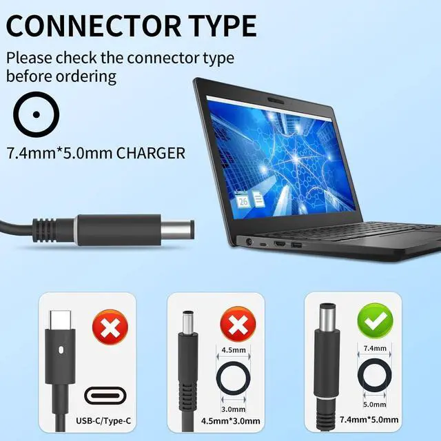 Alt view image 4 of 7 - 65W Laptop Charger Compatible with Dell Latitude 5410 7290 3140 3190 7390 5510 7480 7490 E7470 E7450 3350 3310 5480 5490 7280 7400 5510 E5570 E5470 19.5V 3.34A Round 7.4mm Barrel Adapter Power Cord