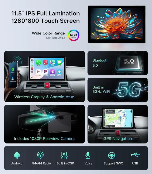 Alt view image 5 of 7 - 11.5" Car Radio for Honda Accord 2008-2013, Wireless CarPlay Android Auto | IPS HD Stereo touchscreen, 64G storage, 5G WiFi GPS navigation, phone link, Bluetooth FM AM SWC, 1080P backup camera