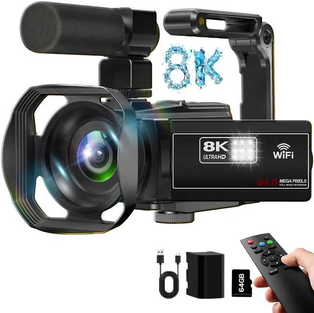 Main image of Video Camera 8K Camcorder, 64MP IR Night Vision Vlogging Camera for YouTube | WiFi, 18X Digital Zoom, 3.0 Inch Touch Screen, Microphone, Lens Hood, 64GB SD Card, Remote Control, 4500mAh Battery