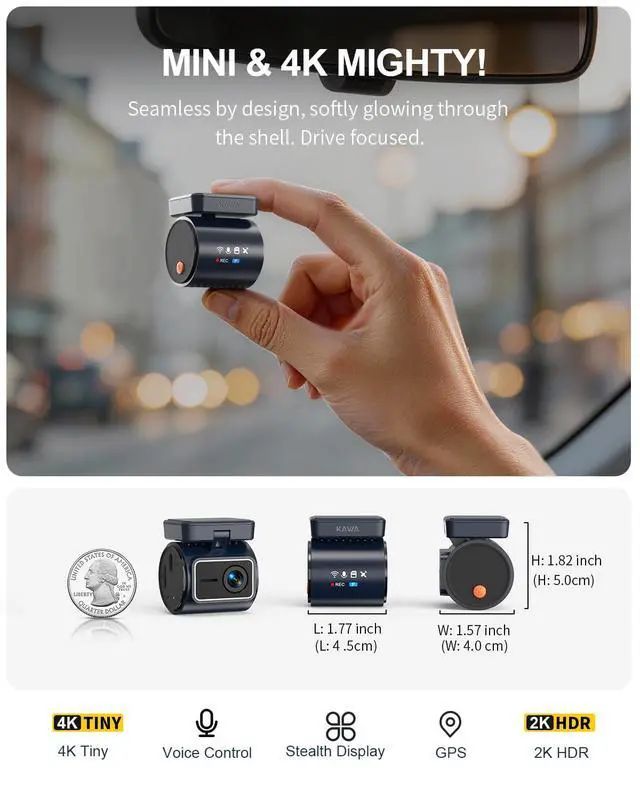 Alt view image 2 of 7 - 4K Mini Dash Cam Front, Stealth Display, Voice Control, Wi-Fi 6 & GPS | 2K HDR, Super Night Vision Car Camera, APP Control, G-Sensor, Loop Recording, 24/7 Parking Mode, Support Max 256GB