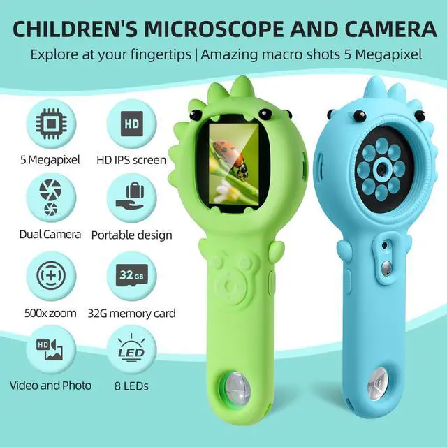 Alt view image 2 of 6 - Kids Microscope, 500X Microscope for Kids, Dual Camera, Green | Dinosaur design, 500X zoom, dual cameras and autofocus; rechargeable handheld microscope makes STEM discovery fun anywhere