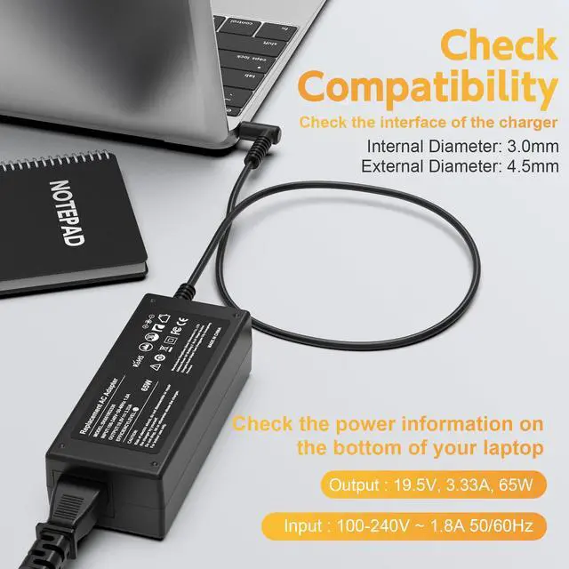 Alt view image 2 of 5 - 65W 19.5V Laptop Charger for HP 15 Series 4.5mm Blue Tip 8.8ft Cord | 65W 19.5V, 4.5x3.0mm blue tip. Fits HP 15 series (15-dy/dw). 8.8ft cord with nylon reinforced joints. NOT for HP 14/17