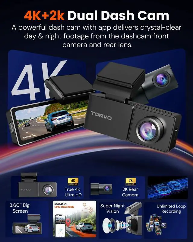 Alt view image 2 of 7 - TD3 4K+2K Dash Cam with App, Camera for Car Front and Back with 5G WiFi & GPS, Free 64GB Card, Night Vision Dashcam Front Cameras 24/7 Recording When Car is Off, Security Camera for Cars